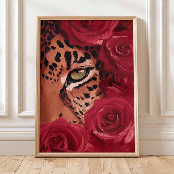 Leopard Eye Close Up Red Roses Wildlife Floral Porch Decoration, Unframed Paper Poster 8x10in