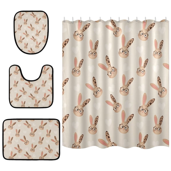 Leopard Eye Rabbit Pattern Shower Curtain Sets 4 Piece Waterproof Bathroom Set with Non Slip Mats 66x72in