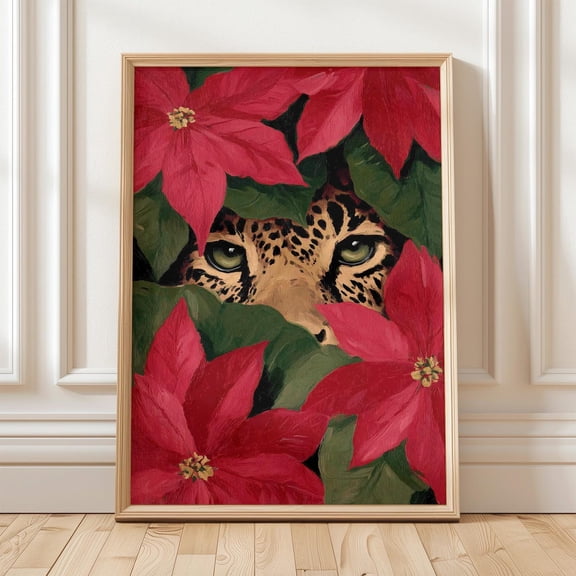 Leopard Eyes Floral Red Green Wild Cat Wall Art Poster