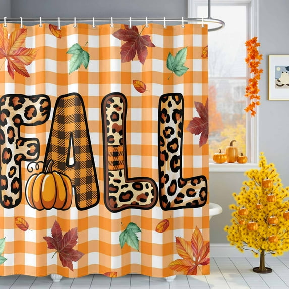 Leopard FALL Maple Leaves Shower Curtain for Bathroom, Orange White Buffalo Plaid Waterproof Shower Curtains Washable Quick Dry with Hooks Bathtub Curtains 36x72 IN