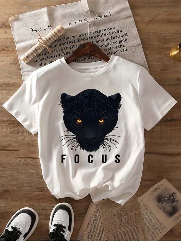 Leopard FOCUS Print T-Shirt Short Sleeve Crew Neck Casual Spring Fall Wear Women's Clothing