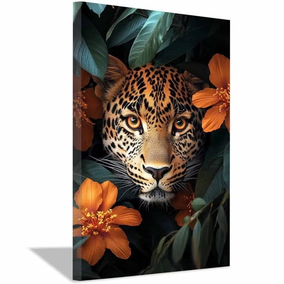 Leopard Face Tropical Flowers Canvas Wall Art, Wildlife Animal Prints Painting for Living Room Bedroom Bathroom Decor, Framed Ready to Hang Ready to hang-12"L x 8"W