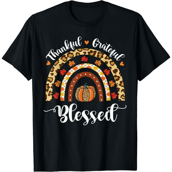Leopard Fall Rainbow Thankful Grateful Blessed Pumpkin T-Shirt Black 2X-Large