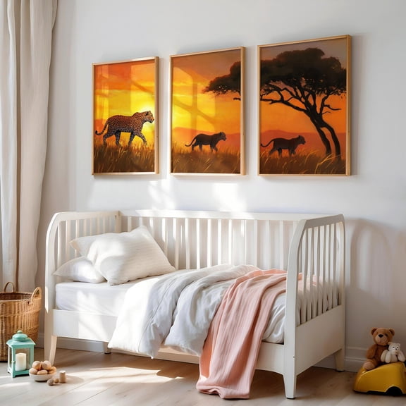 Leopard Family Wall Art Nursery Print Animal Safari Animals Colorful Illustration, Stretched Canvas