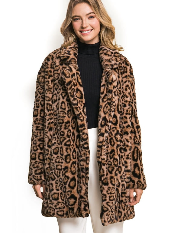 Leopard Faux Fur Coat Color: Camel, Size: Large