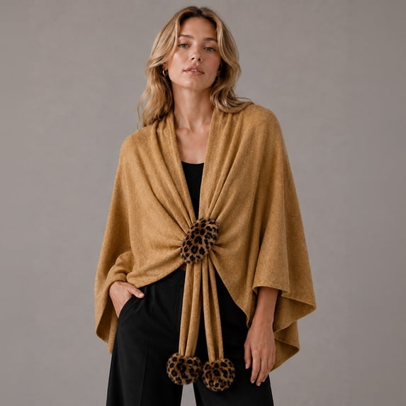 Leopard Faux Fur Pom Pom Accent Draped Ruana Wrap Poncho - Walmart.com