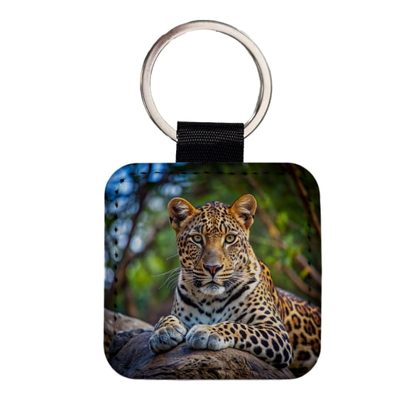 Leopard Faux Leather Square Keychain
