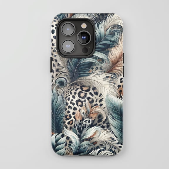 Leopard Feather For iPhone Protective Phone Case Tropical Jungle Art Teal Brown Beige