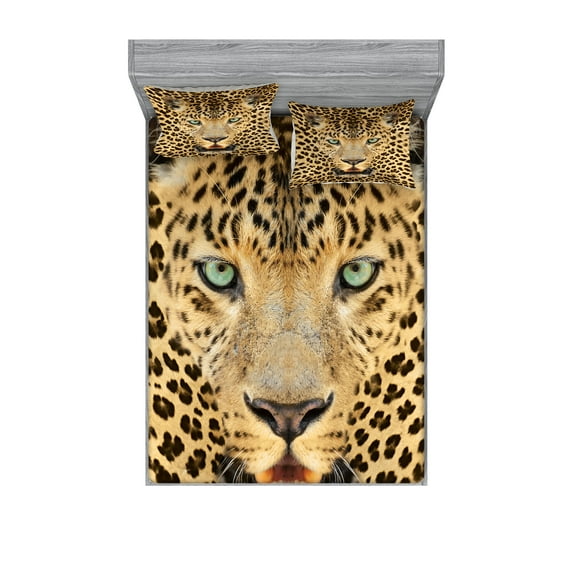 Leopard Fitted Sheet & Pillow Sham Set, Predator Animal with Spotty Skin and Angry Expression Wild Fauna, Decorative Printed 6 Piece Bedding Decor Set, Calking, Brown and Pale Brown, by Ambesonne