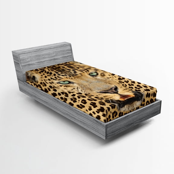 Leopard Fitted Sheet, Predator Animal with Spotty Skin and Angry Expression Wild Fauna, Decorative Soft Bedding All-round Elastic Pocket, Twin XL Size, Brown and Pale Brown, by Ambesonne