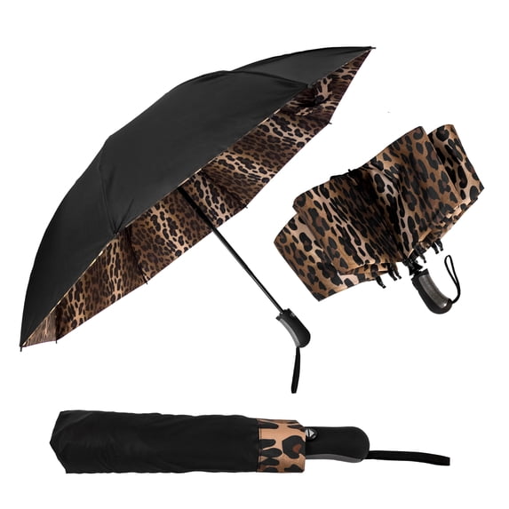 The Leopard Flip Windproof 46 inch Automatic Open Close Compact Reversible Umbrella, Inverted Leopard Print Folding Mini Umbrella for Women, Animal Print Upside Down Umbrella for Men & Women