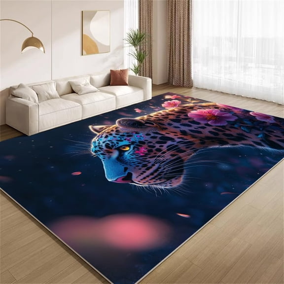 Leopard Floral Area Rugs, Animal Flower Pattern Carpet, Washable Non Slip Low Pile Soft Rug for Living Room Bedroom Decor Mat 5ftx7ft