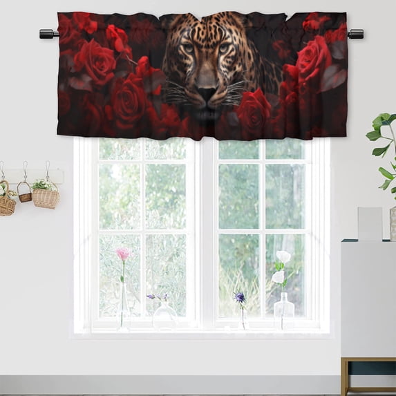 Leopard Floral Curtains Valances for Home Decor Valentine's Day Romantic Red Rose Window Valance for Bedroom Bathroom Living Room Dining Room Valances Set 54 by 18 in, 1 Panel