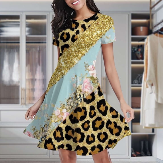 Leopard Floral Gold Glitter Print Women's Classic Swing Skater Dress Casual Work Party Cocktail Dresses
