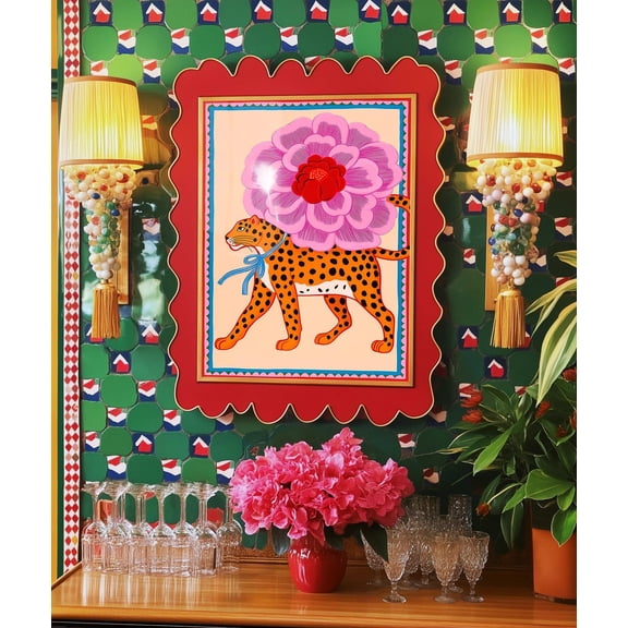 Leopard Floral Maximalist Animal Pink Flower Art, Unframed Canvas 16x20in