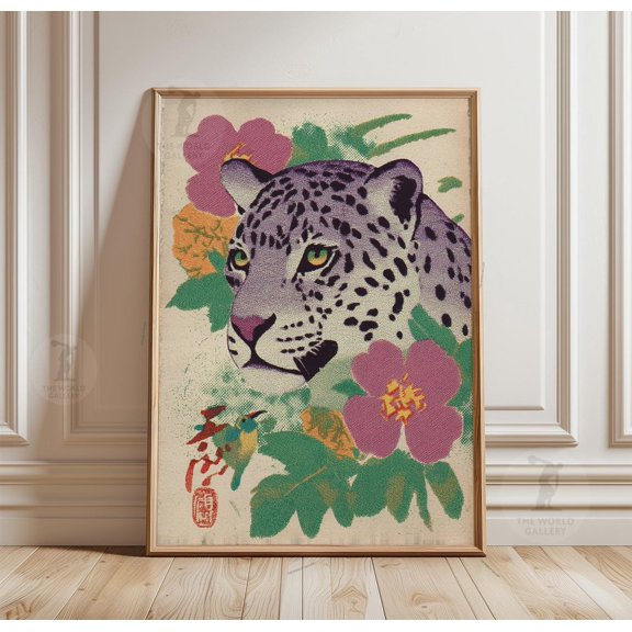 Leopard Floral Poster, Japanese Inspired Botanical Wall Art