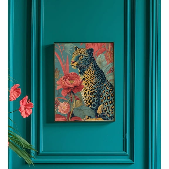 Leopard Floral Preppy Maximalist Wall Art, Unframed Canvas 8x10in