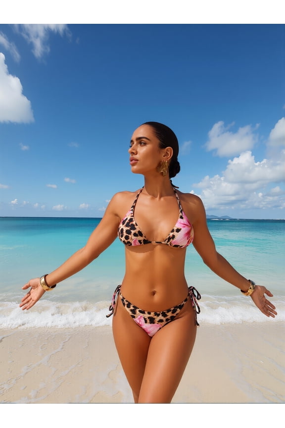 Leopard Floral Print Halter Side Tie Triangle Bikini