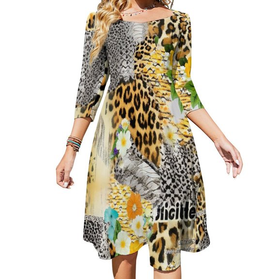 Leopard Floral Textile Collage Womens Summer Dress Tie Back A Line Flare Dress