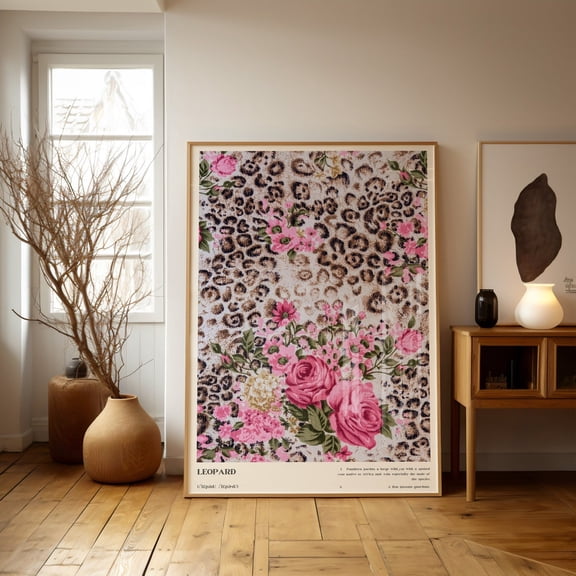 Leopard Floral Wall Art Bedroom Aesthetic Decor, Unframed Canvas Size 16x24