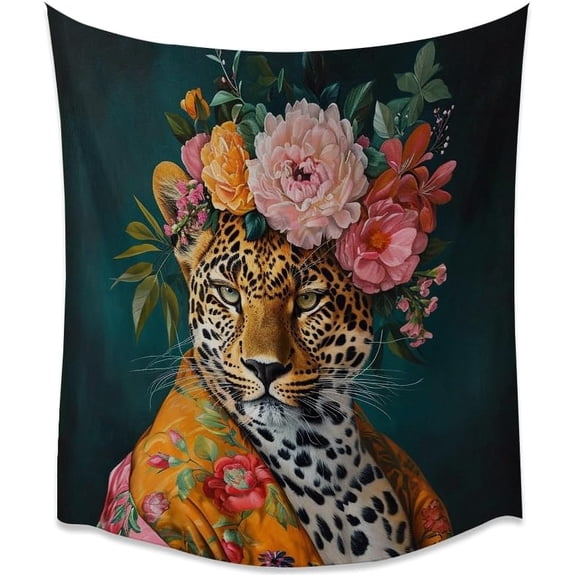 Leopard Flower Crown Tapestry, Vintage Botanical Big Cat in Floral Robe, Maximalist Boho Jungle Wall Hanging for Bedroom or Dorm, 30 x 40 Inch
