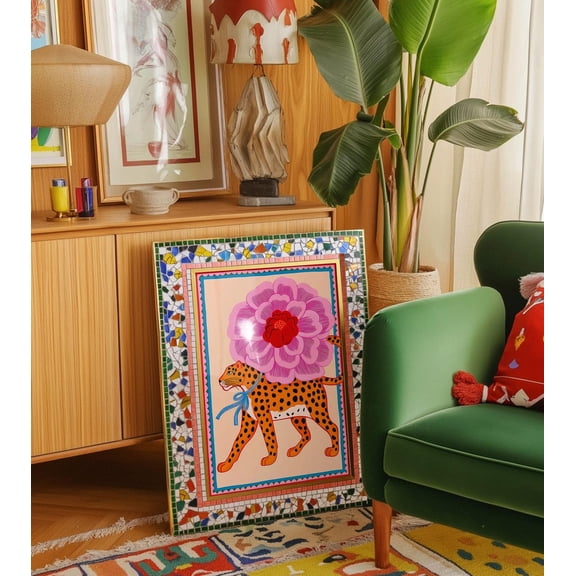 Leopard Flower Maximalist Animal Whimsical Folk Art, Unframed Canvas 24x36in