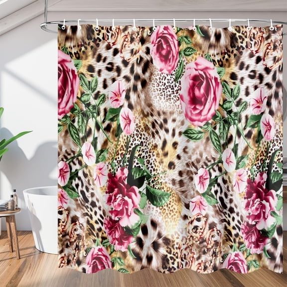 Leopard Flower Shower Curtain Fabric Shower Curtain Set with 12 Hooks Waterproof 72 * 72 Inches for Bathroom Beach Caravan Hotel
