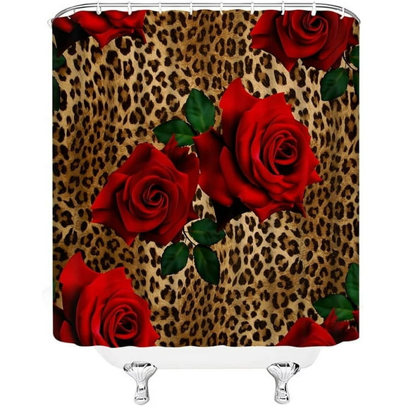 Leopard Flower Shower Curtain Red Rose Floral Valentines Wild Animal Print Mix Skin Pattern Creative Modern Woman Fabric Bathroom Decor Set with Hooks 72"W x 72"L