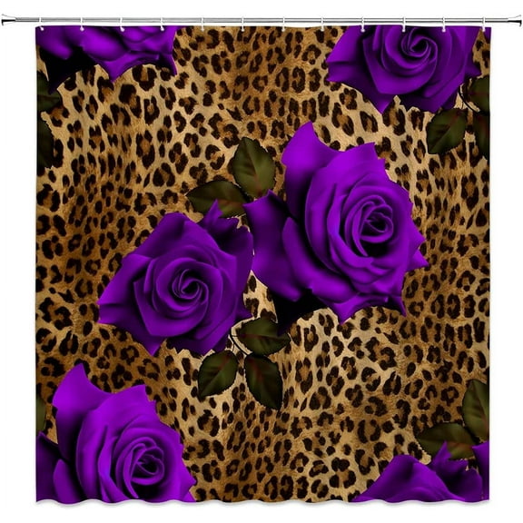 Leopard Flower Shower Curtain Rose Floral Valentine''s Day Wild Animal Print Mix Skin Pattern Creative Modern Woman Fabric Bathroom Decor Set with Hooks（36" WX70 H）