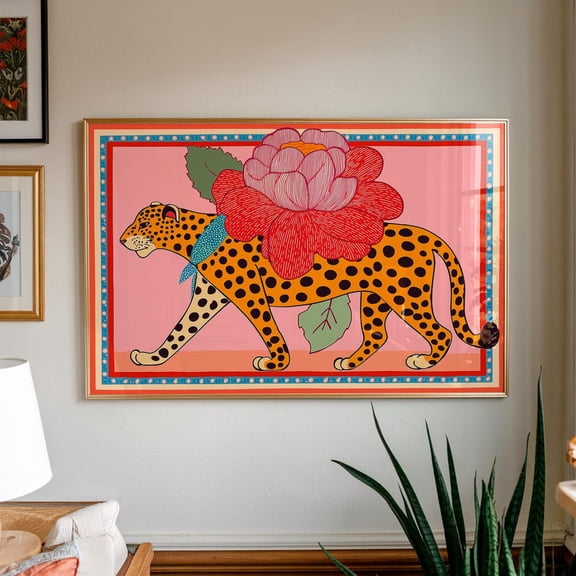 Leopard Flower Whimsical Animal Maximalist Folk Style Art, Unframed Canvas 24x36in