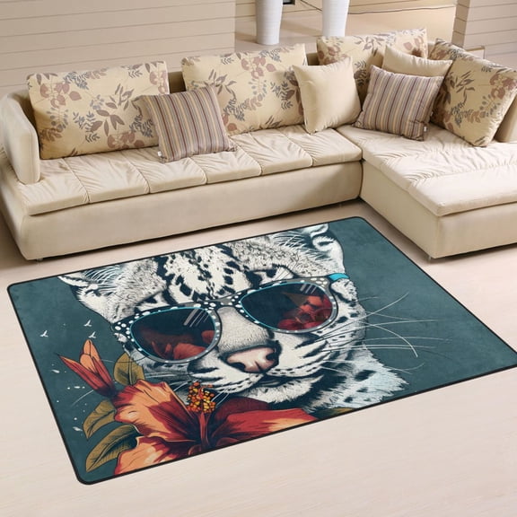 Leopard Flower and Sunglasses Area Rug Washable Floor Carpet Mat 60 x 39 inch for Bedroom Living Room Kids Room Home Decor