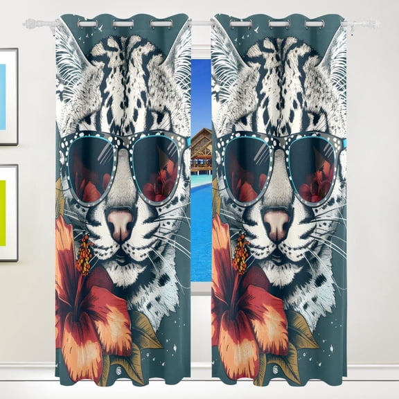 Leopard Flower and Sunglasses Black Out Curtains 84 Inch Length for Bedroom Living Room Windows 2 Panels Set
