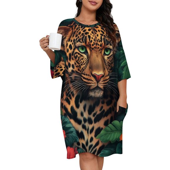 Leopard Flowers Butterflies Jungle Beauty Sleepshirts For Sleeping Travels Loose Sleepdress Pajama Dress Soft Nightdress Sleepwear