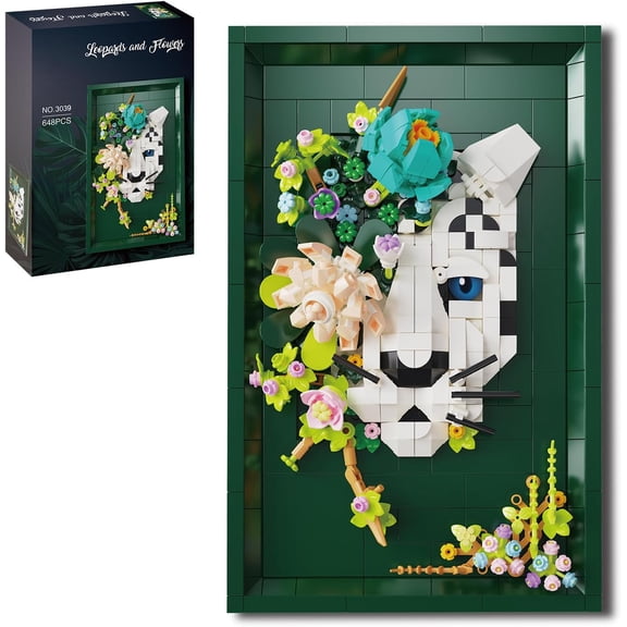 Leopard & Flowers Photo Frame Building Block Set, 3D Wall Decor Puzzle Toy for Adults, Creative Floral Animal Ornament.Ideal Gift Toy for Adults & Teens.