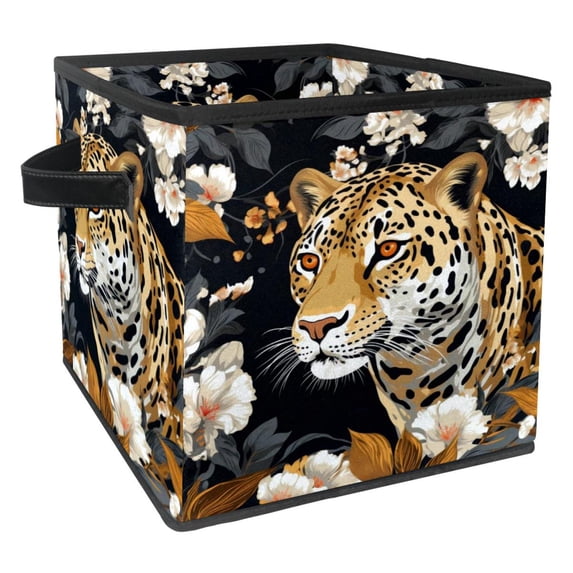 Leopard Foldable Storage Box Organizer with Handle, 10.8"x10.5"x10.6", Large Capacity Storage Basket - Storage Cubes for Home and Office