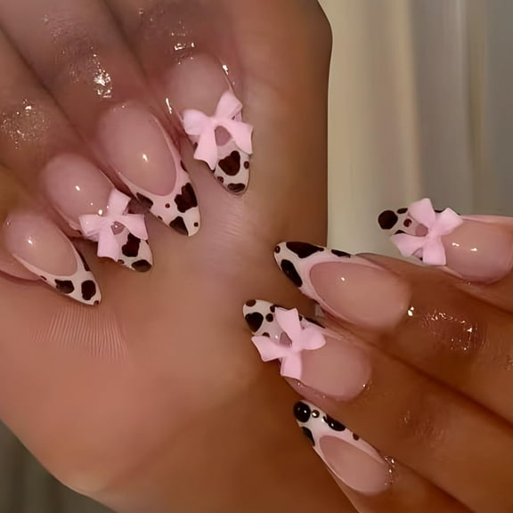 Leopard French Tip Press on Nails Short Square Fake Nails Glossy Pink Full Cover 3D Black Bow Designs Glue on Nails Cute False Nails Reusable Stick on Nails for Women Manicure DIY 24Pcs 2 style5