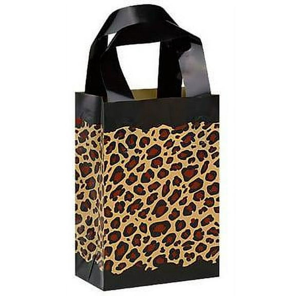 SSWBasics Leopard Frosted Plastic Shopping Bags - Vibrant Leopard Print Gift Bags  Exotic 5" x 3" x 7" High Density Polyethylene Leopard Gift Bag  Fun Rose Size Animal Print