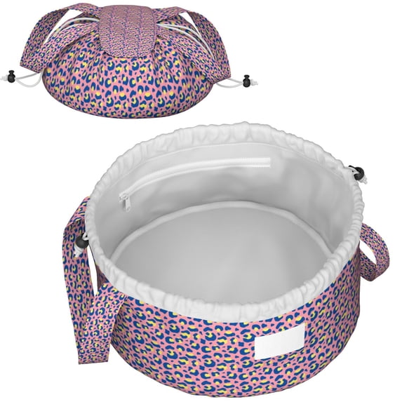 Leopard Full Print Drawstring Cosmetic & Makeup Bag – Large Portable Makeup Organizer with Inner Zipper Pocket & Mesh Compartment, Travel Toiletry Bag for Women