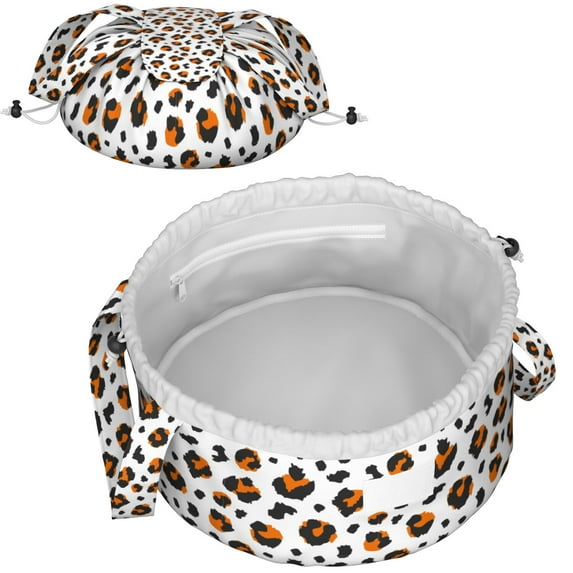 Leopard Full Print Drawstring Cosmetic & Makeup Bag – Large Portable Makeup Organizer with Inner Zipper Pocket & Mesh Compartment, Travel Toiletry Bag for Women