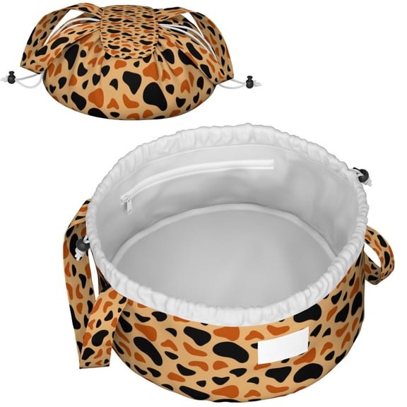 Leopard Full Print Drawstring Cosmetic & Makeup Bag – Large Portable Makeup Organizer with Inner Zipper Pocket & Mesh Compartment, Travel Toiletry Bag for Women