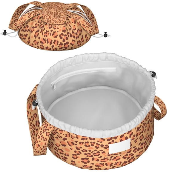 Leopard Full Print Drawstring Cosmetic & Makeup Bag – Large Portable Makeup Organizer with Inner Zipper Pocket & Mesh Compartment, Travel Toiletry Bag for Women