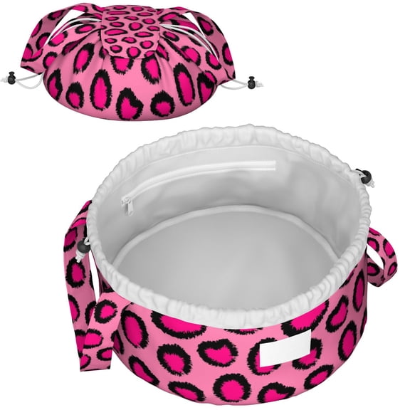 Leopard Full Print Drawstring Cosmetic & Makeup Bag – Large Portable Makeup Organizer with Inner Zipper Pocket & Mesh Compartment, Travel Toiletry Bag for Women