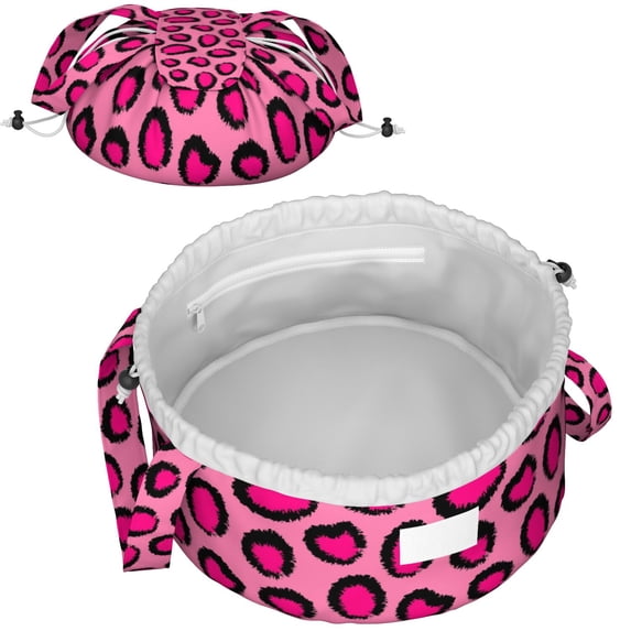 Leopard Full Print Drawstring Cosmetic & Makeup Bag – Large Portable Makeup Organizer with Inner Zipper Pocket & Mesh Compartment, Travel Toiletry Bag for Women