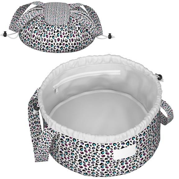 Leopard Full Print Drawstring Cosmetic & Makeup Bag – Large Portable Makeup Organizer with Inner Zipper Pocket & Mesh Compartment, Travel Toiletry Bag for Women
