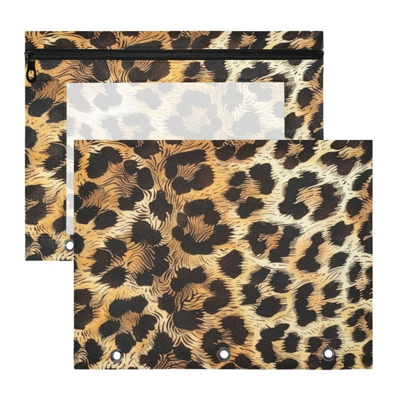 Leopard Fur Print 3-Ring Binder Pouches A4 Size Zipper Pocket File Storage 2 Packs
