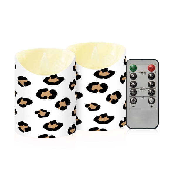 Leopard Fur Print Animal Skin Flameless Candles 2 PCS with Remote Realistic Moving Flame LED Tapered Pillar Set for Home Decor