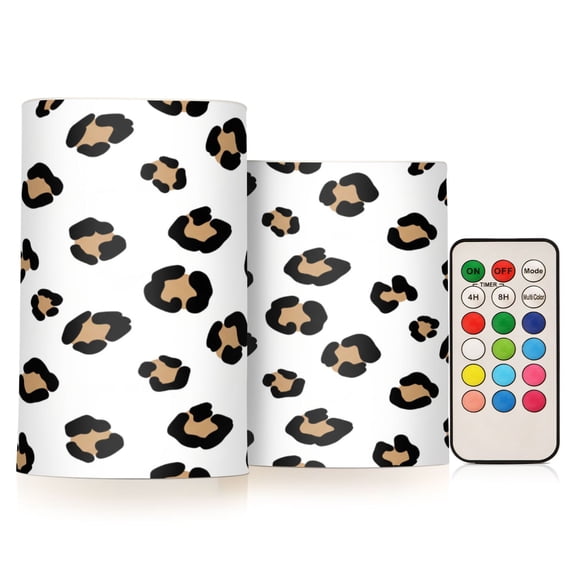 Leopard Fur Print Animal Skin Flameless LED Candle Set with Remote, Battery Operated Color Changing Pillar Candles, Set of 2