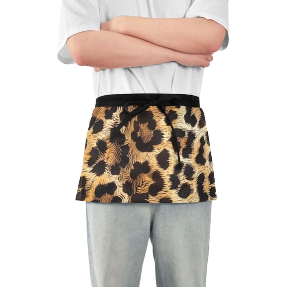 Leopard Fur Print Short Server Apron with 3 Pockets for Unisex Chef Gardening