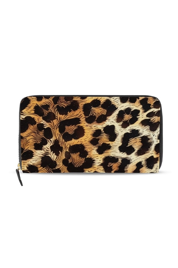 Leopard Fur Print Women's Long Zipper Wallet Bifold Clutch Purse PU Leather Card Cases