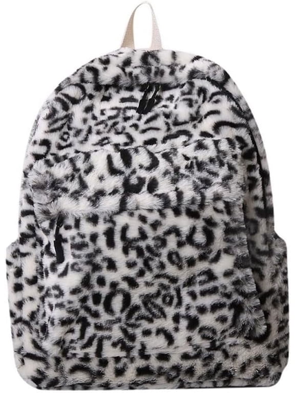 Leopard Furry Backpack Soft Plush Backpack Fuzzy Backpack Book Bags Trendy Backpack Cute Stylish Winter Casual Daypack (Black)